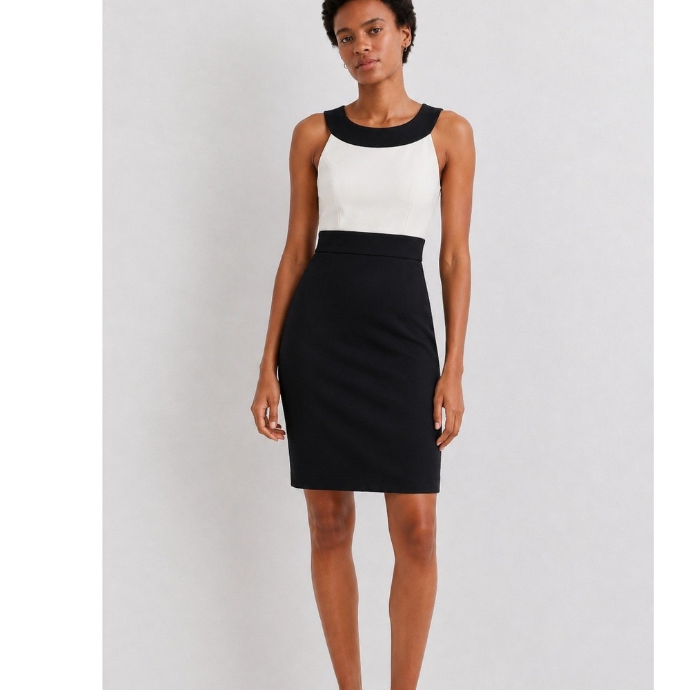 Black White Colorblock Sheath Dress Halter Neck Sleeveless Mini Business Party